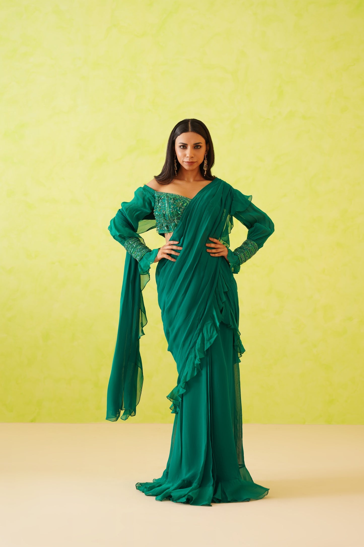 Green drape saree and embroidered blouse set