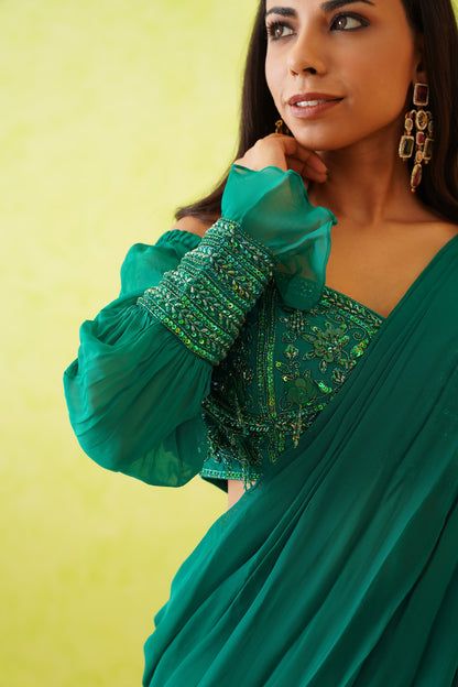 Green drape saree and embroidered blouse set