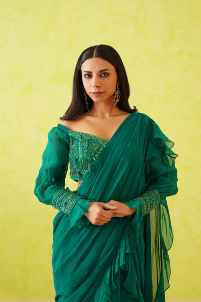 Green drape saree and embroidered blouse set