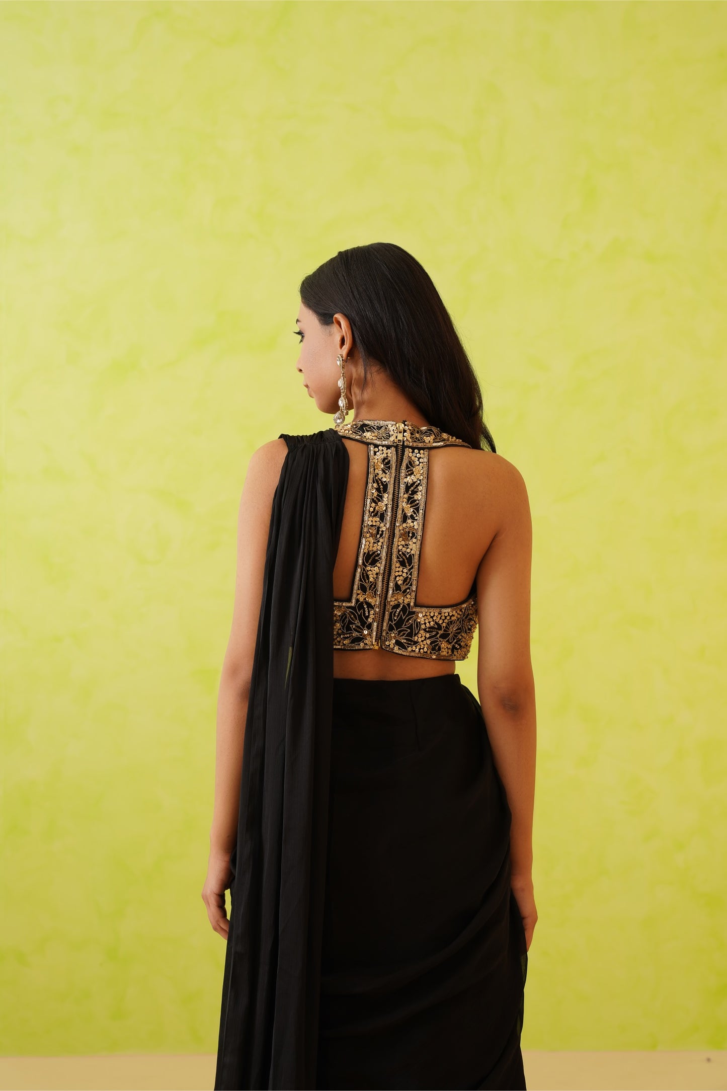 Black drape saree and embroidered blouse set