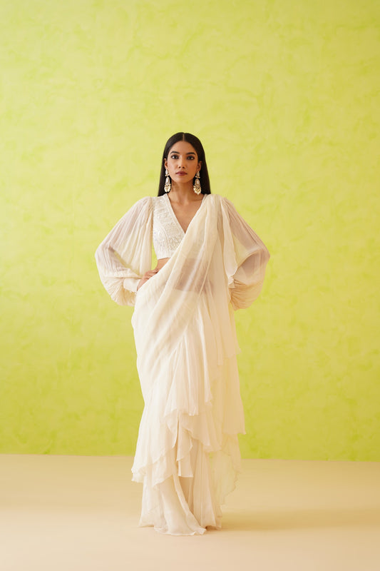 White drape saree and embroidered blouse set