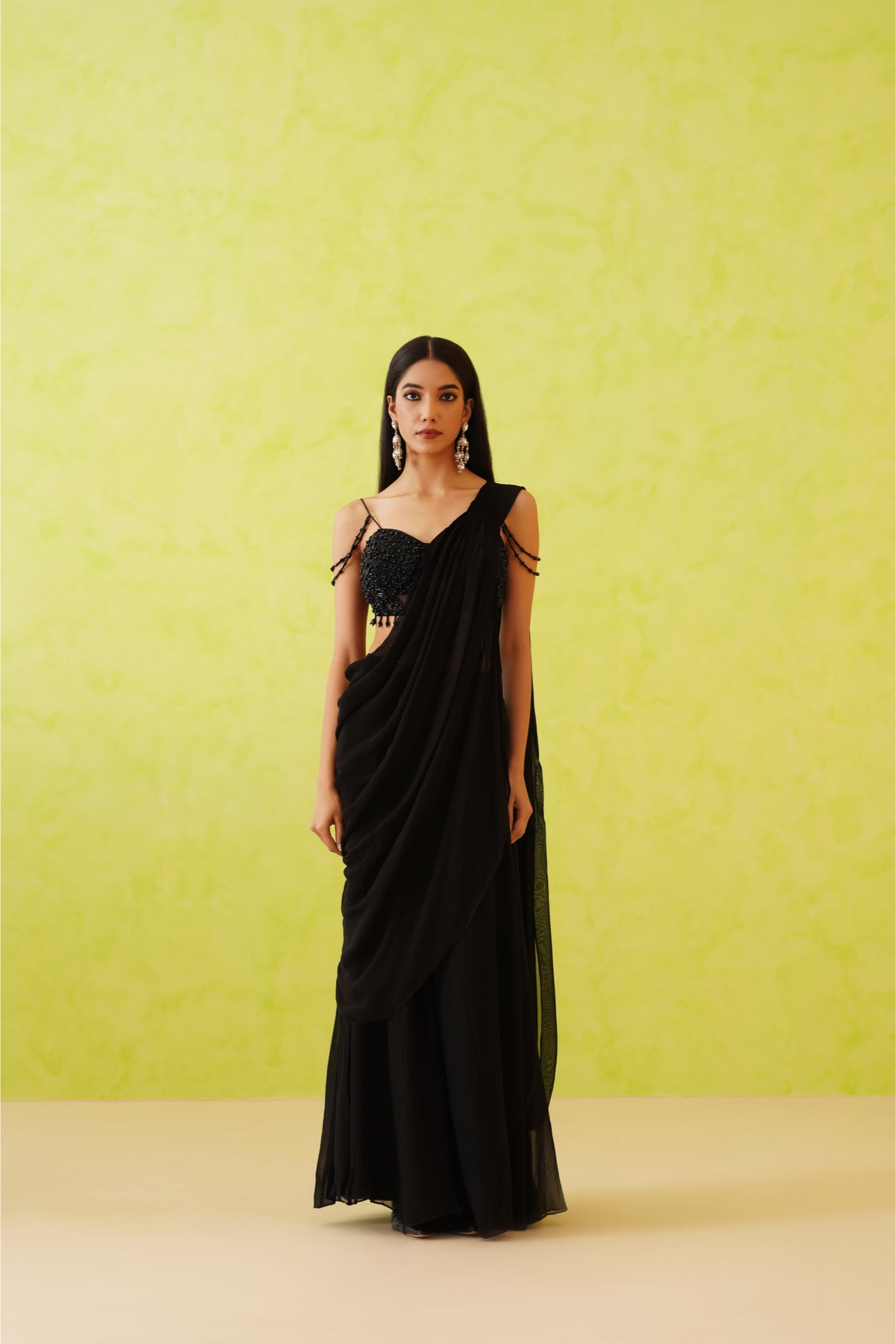 Black drape saree and embroidered blouse set