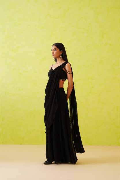 Black drape saree and embroidered blouse set