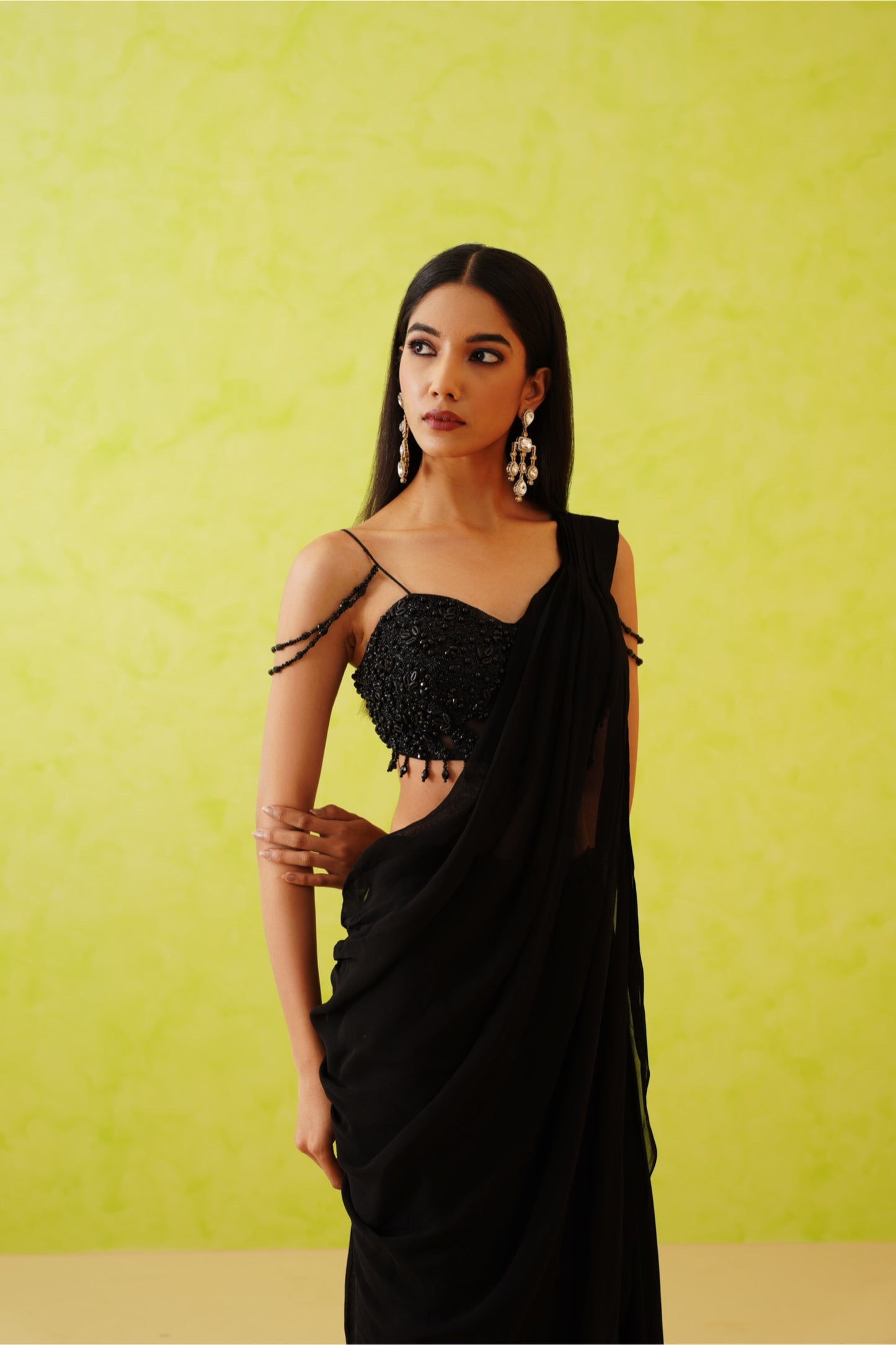 Black drape saree and embroidered blouse set