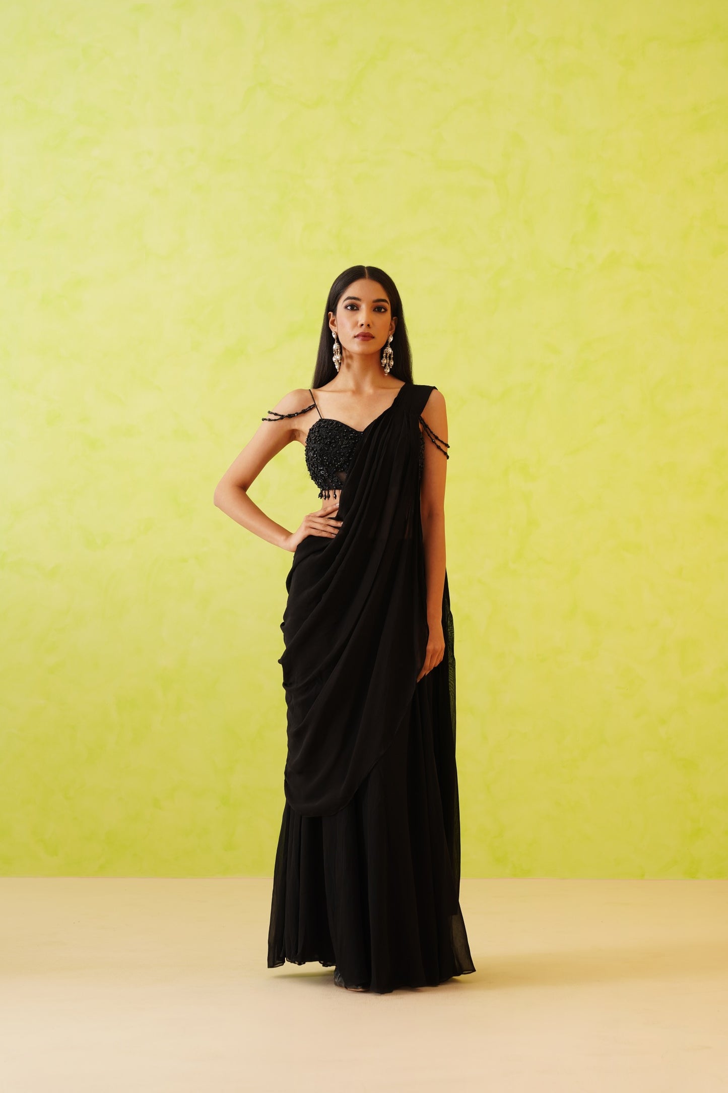 Black drape saree and embroidered blouse set