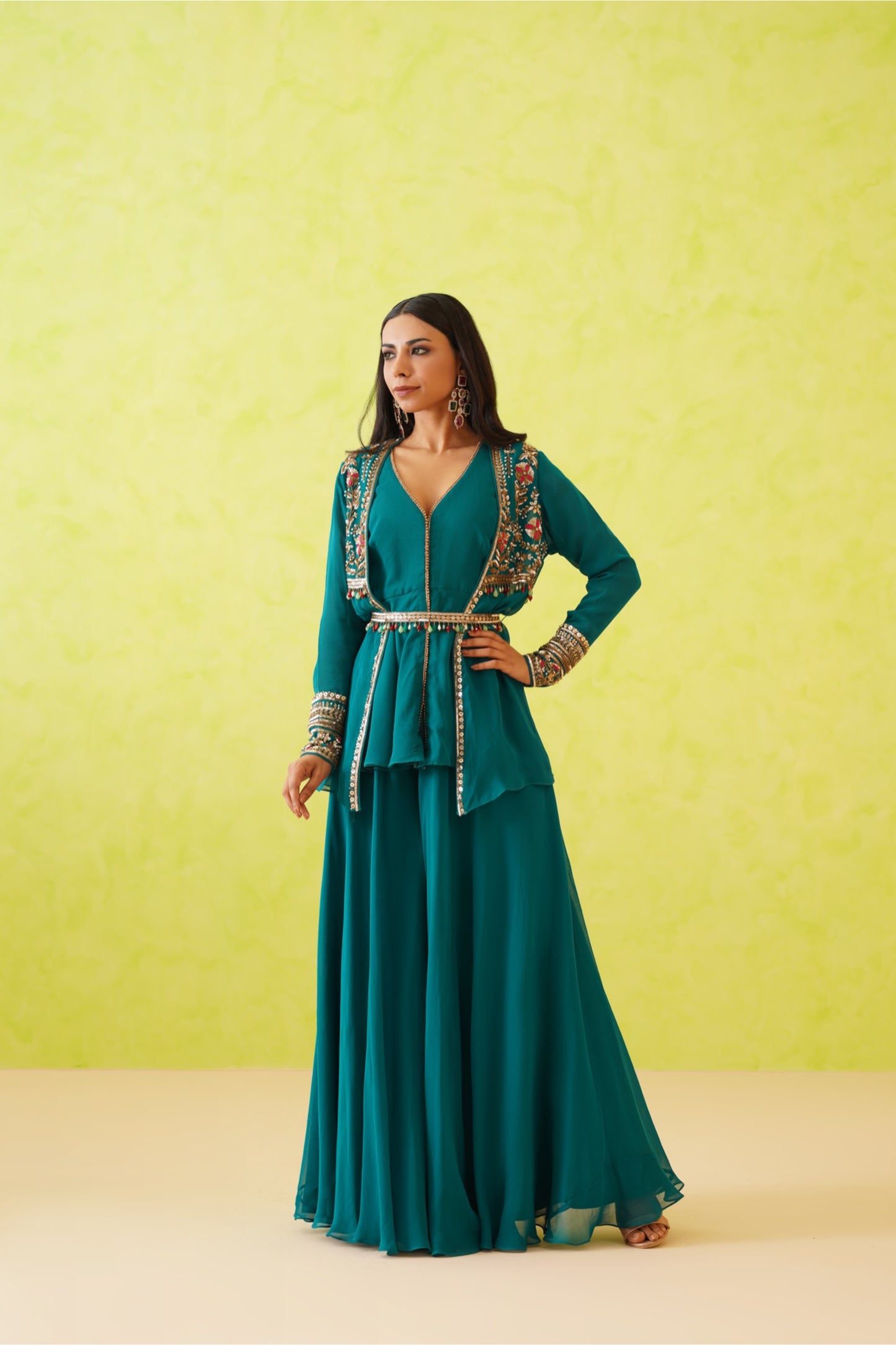 Green Jacket Long top and Sharara Set