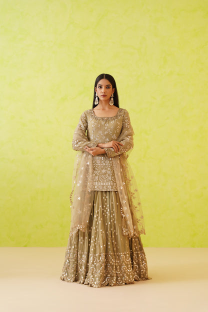 Sage green georgette lehenga, Kurti and dupatta Set