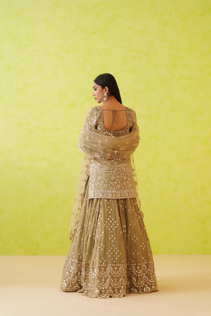 Sage green georgette lehenga, Kurti and dupatta Set