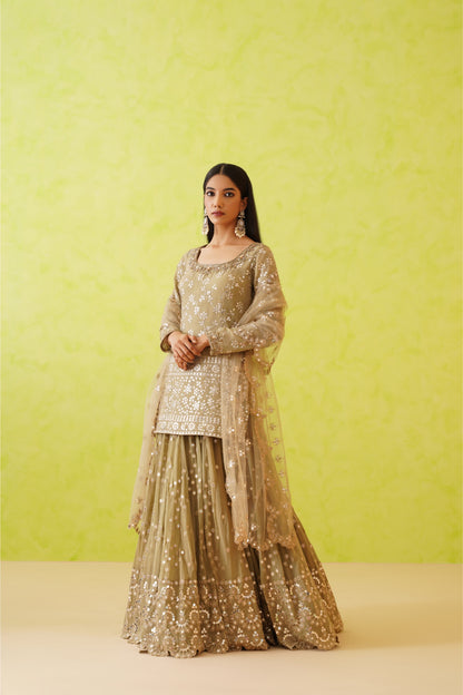 Sage green georgette lehenga, Kurti and dupatta Set