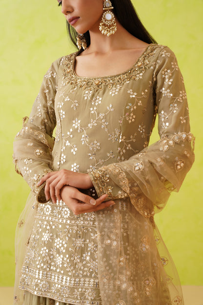 Sage green georgette lehenga, Kurti and dupatta Set