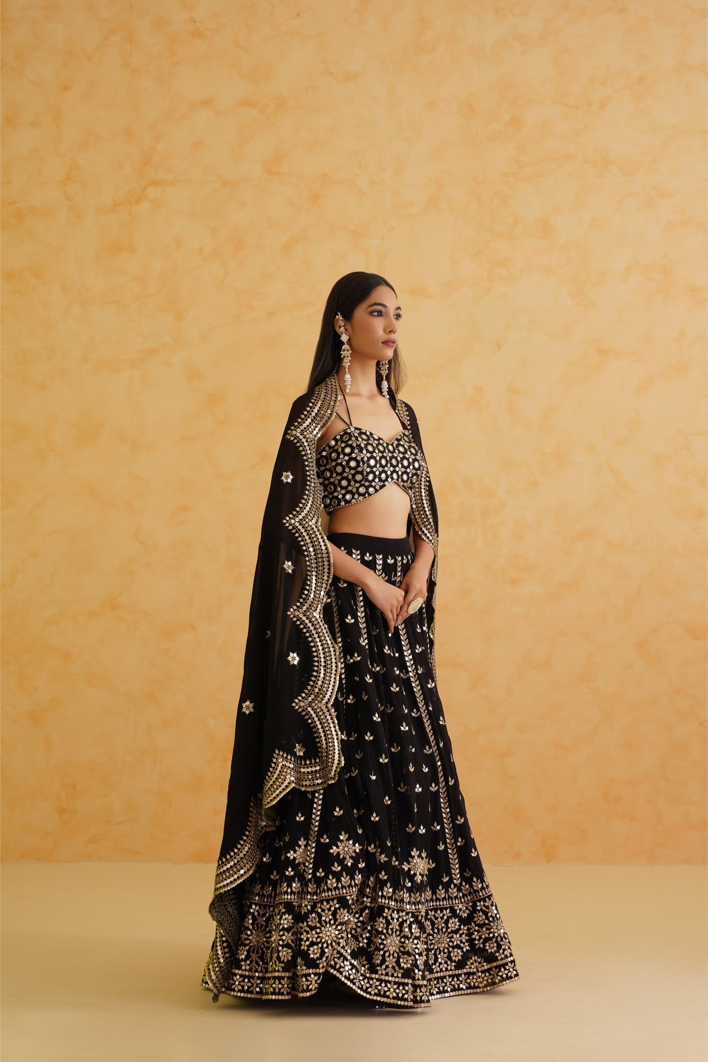 Black georgette lehenga, Blouse and dupatta Set