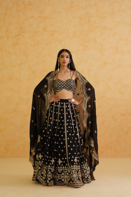 Black georgette lehenga, Blouse and dupatta Set