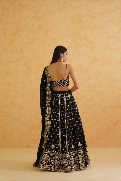 Black georgette lehenga, Blouse and dupatta Set