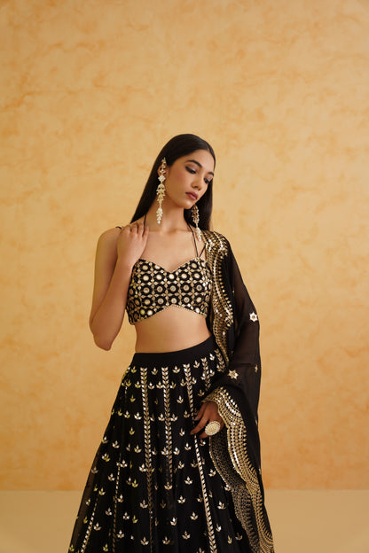 Black georgette lehenga, Blouse and dupatta Set