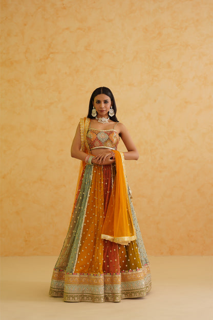 Multi colored lehenga, Blouse and dupatta Set