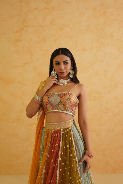 Multi colored lehenga, Blouse and dupatta Set