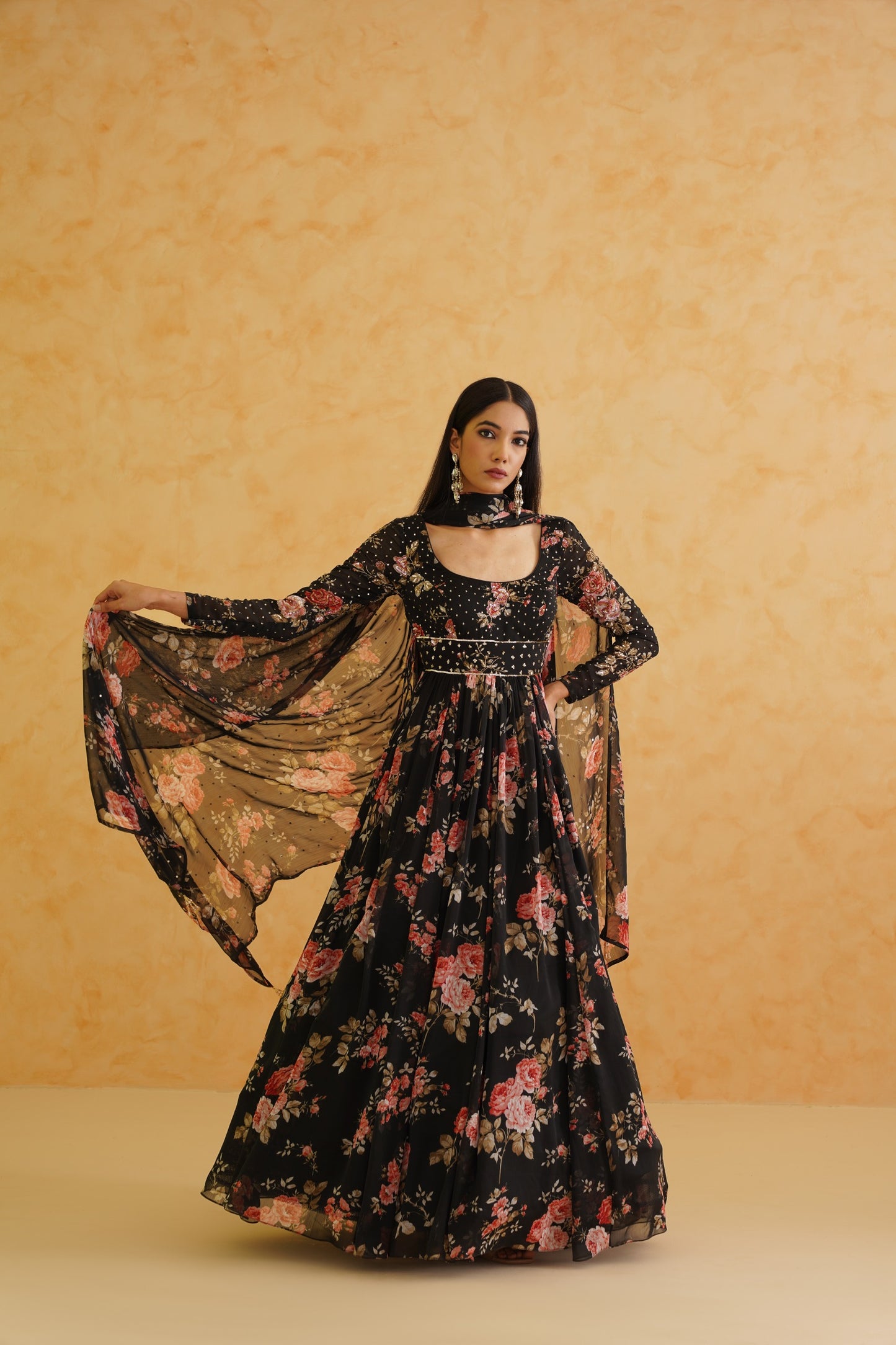 Black printed anarkali, churidar and dupatta set