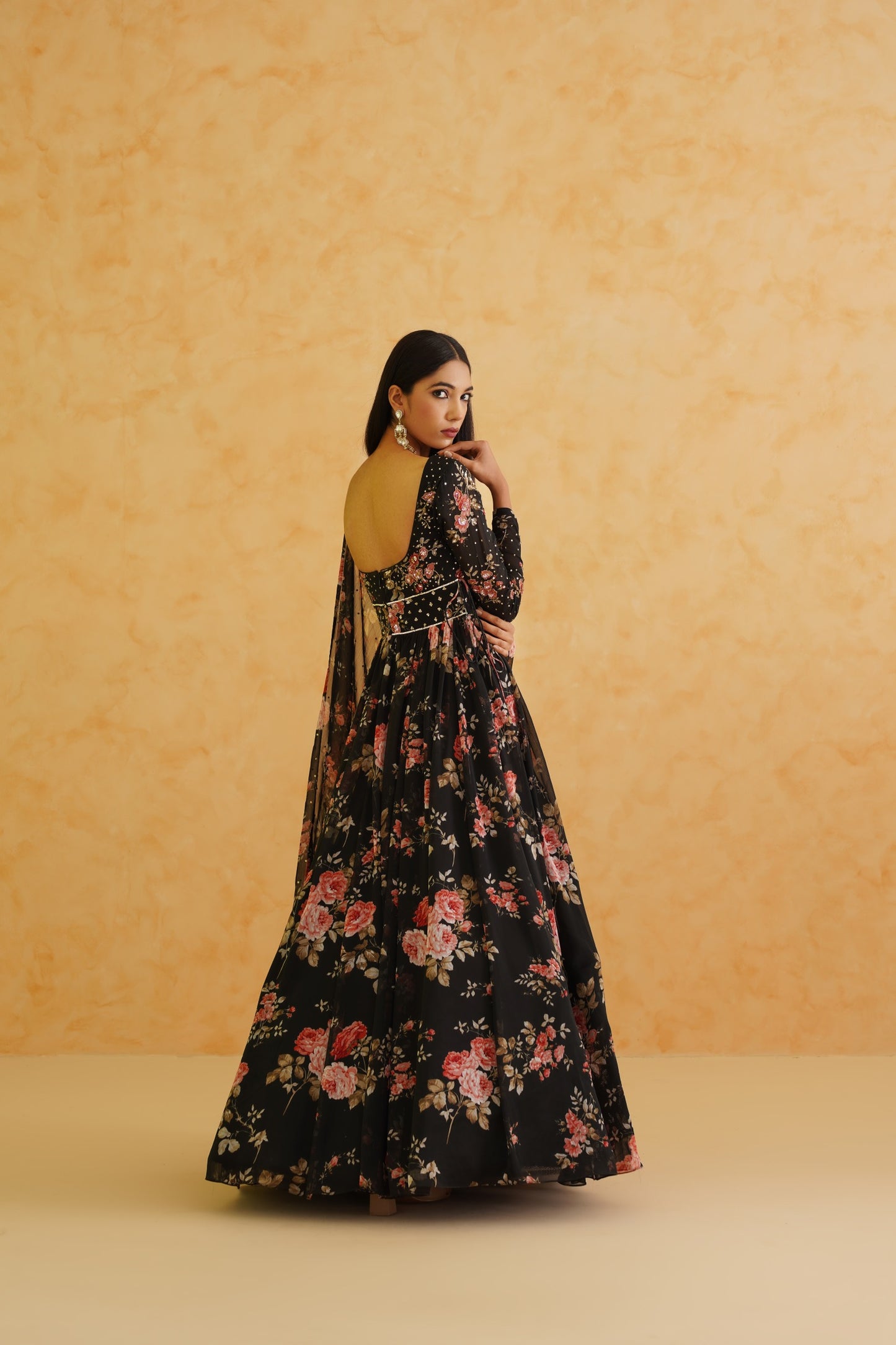 Black printed anarkali, churidar and dupatta set