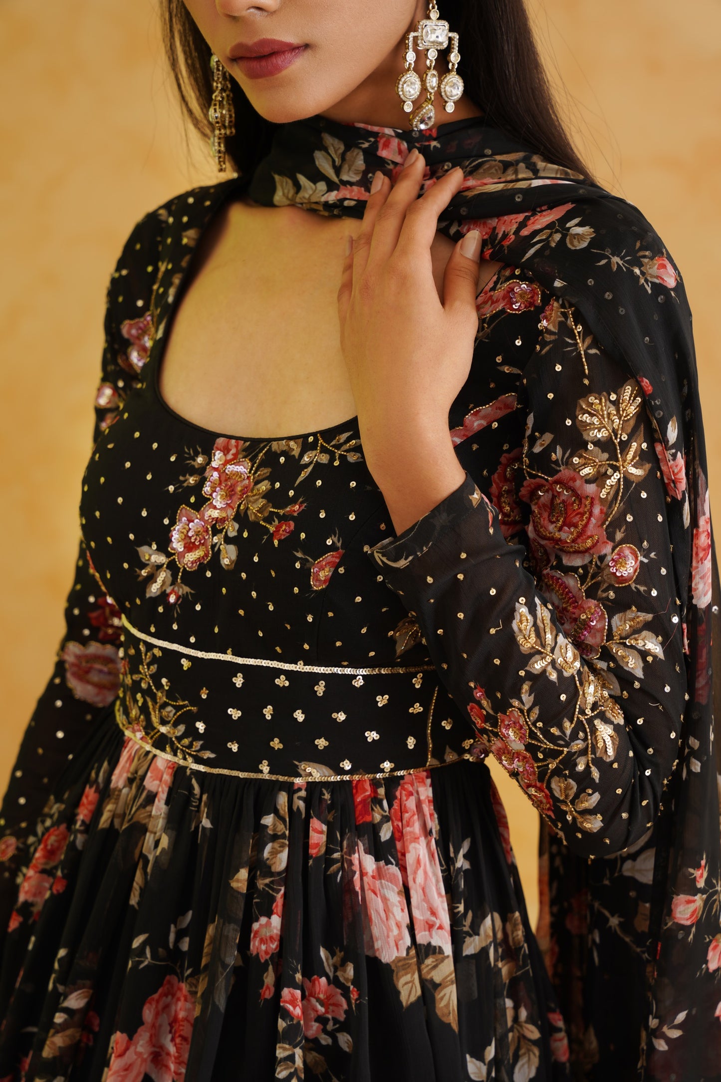 Black printed anarkali, churidar and dupatta set