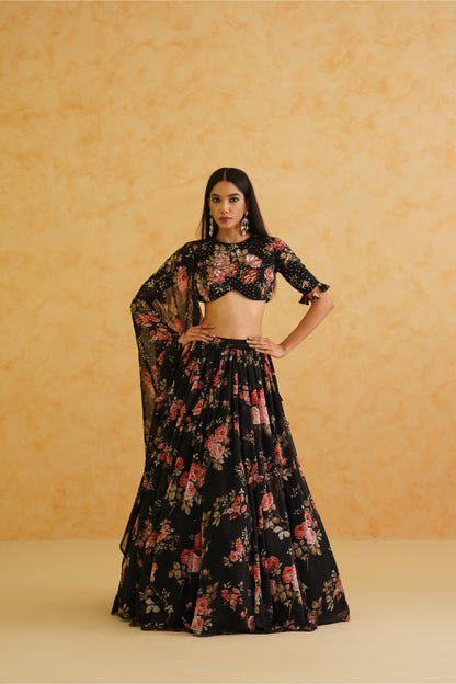 Black printed georgette lehenga, Blouse and dupatta Set