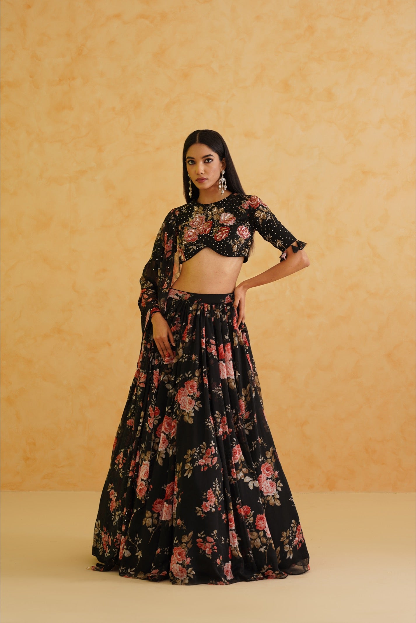 Black printed georgette lehenga, Blouse and dupatta Set