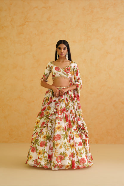 White printed georgette lehenga, Blouse and dupatta Set