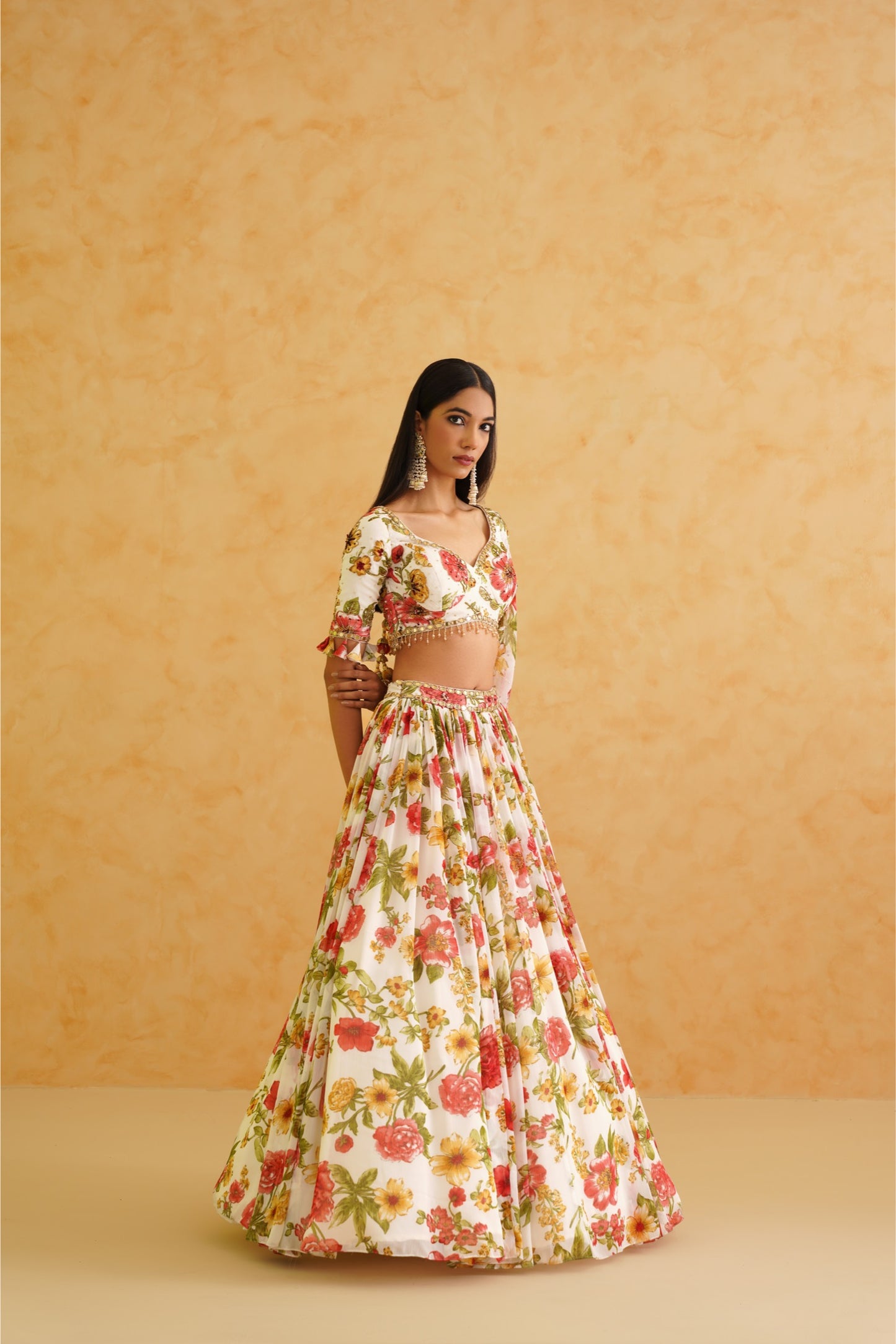 White printed georgette lehenga, Blouse and dupatta Set