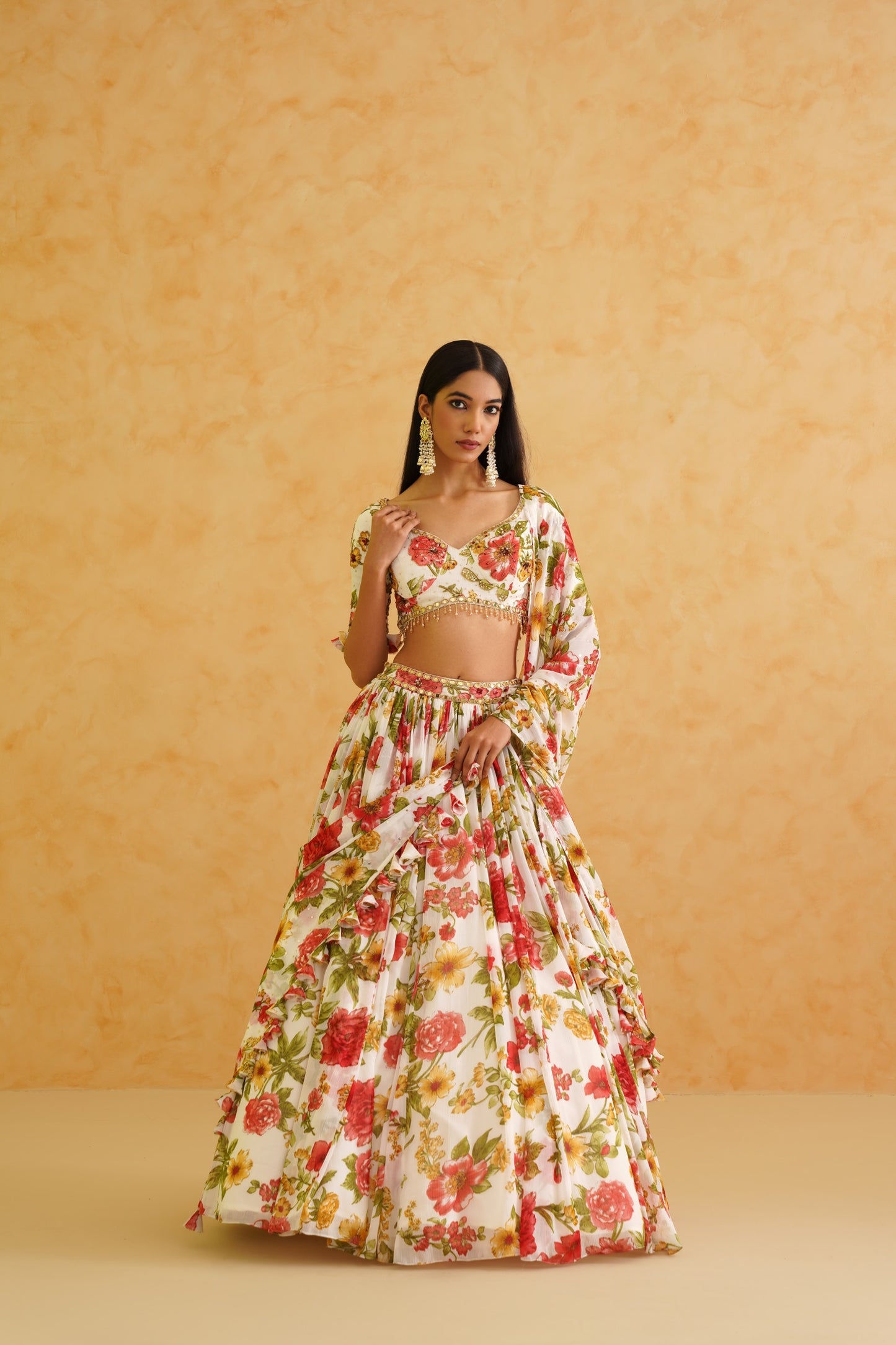 White printed georgette lehenga, Blouse and dupatta Set