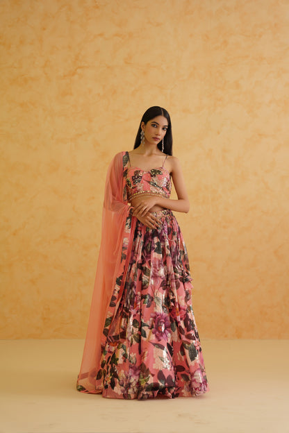 Pink printed georgette lehenga, Blouse and dupatta Set