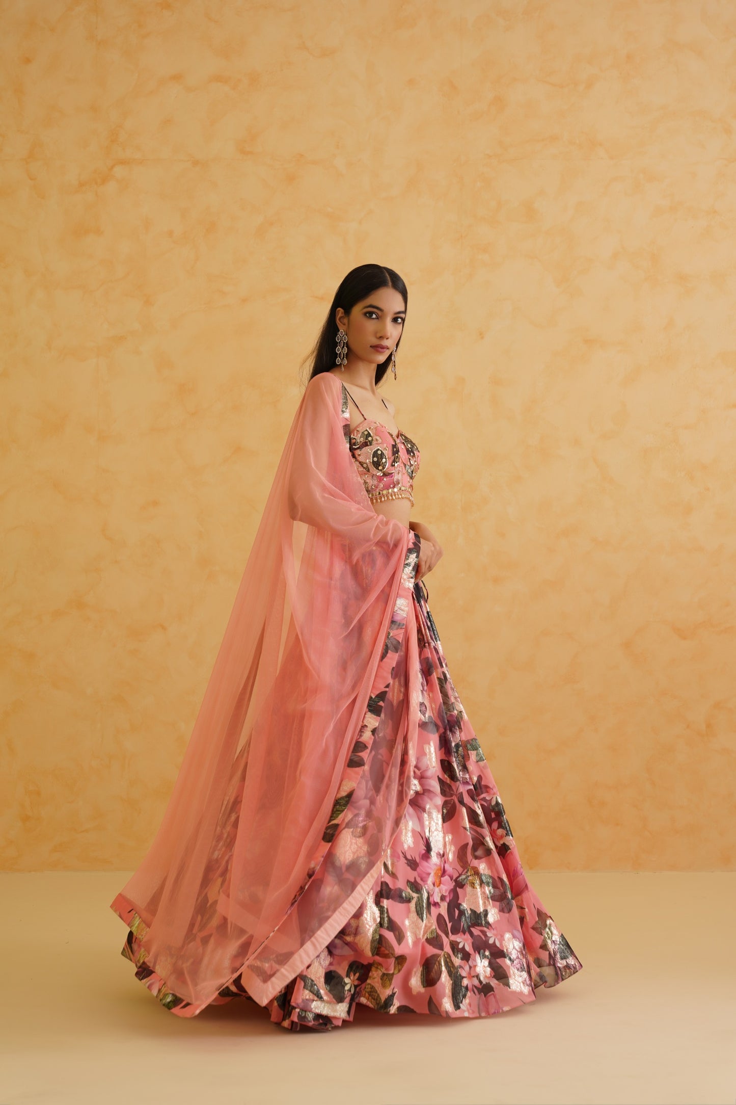 Pink printed georgette lehenga, Blouse and dupatta Set