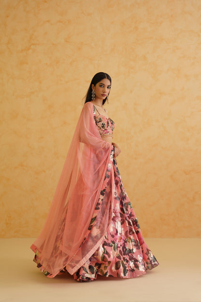 Pink printed georgette lehenga, Blouse and dupatta Set