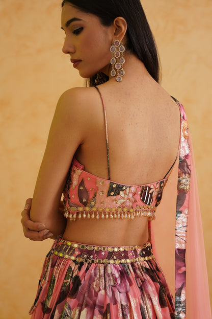 Pink printed georgette lehenga, Blouse and dupatta Set