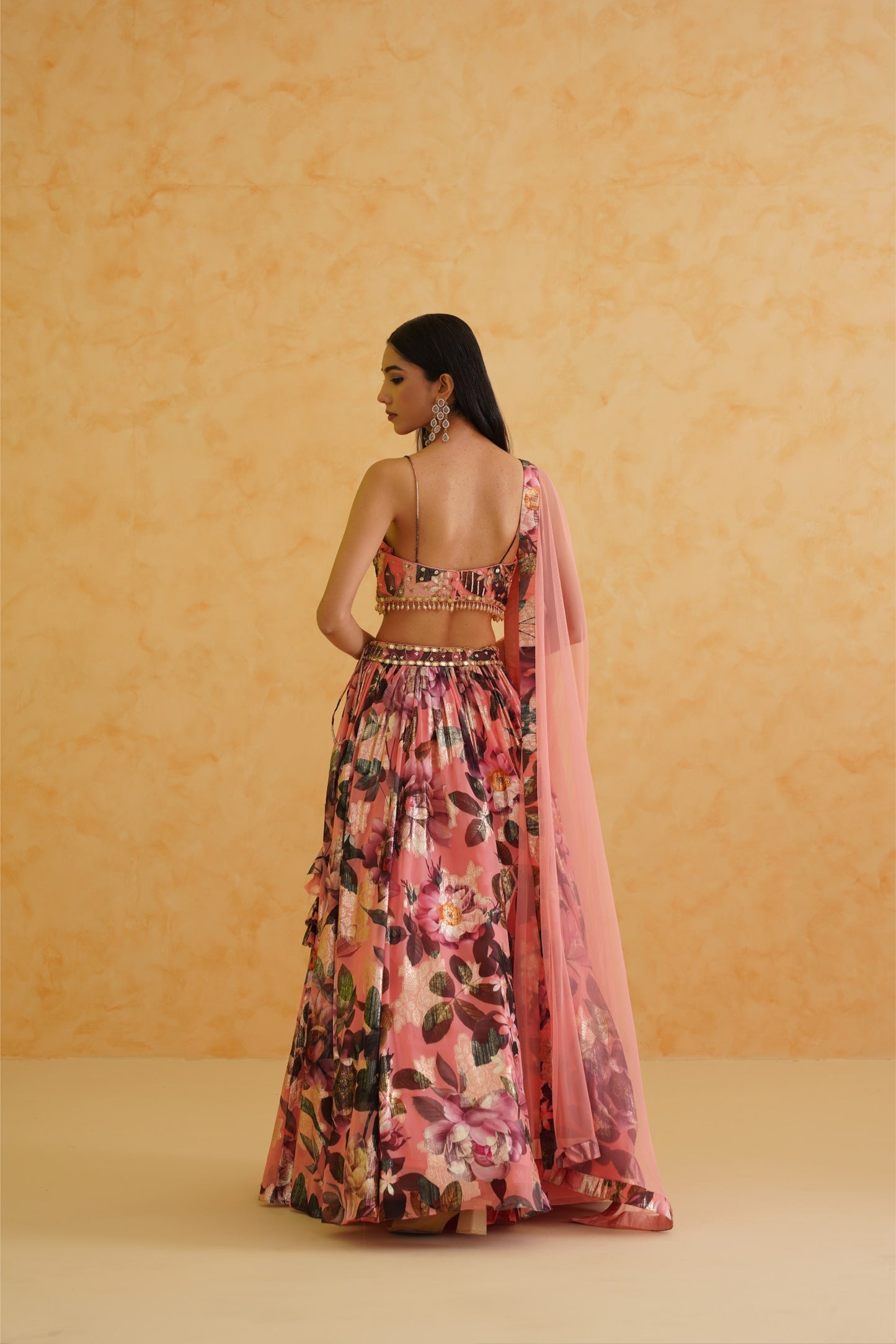 Pink printed georgette lehenga, Blouse and dupatta Set