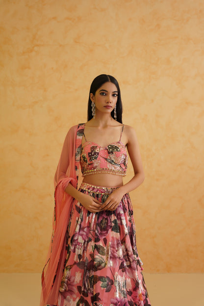 Pink printed georgette lehenga, Blouse and dupatta Set