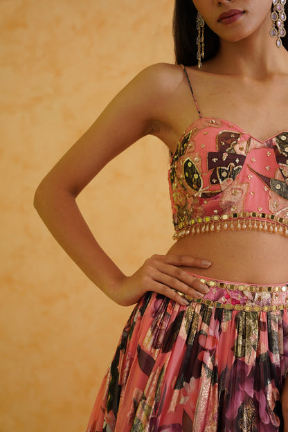 Pink printed georgette lehenga, Blouse and dupatta Set