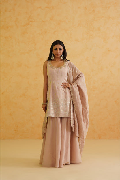 Blush pink georgette tissue sharara, Kurti and dupatta Set