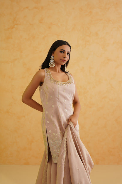 Blush pink georgette tissue sharara, Kurti and dupatta Set