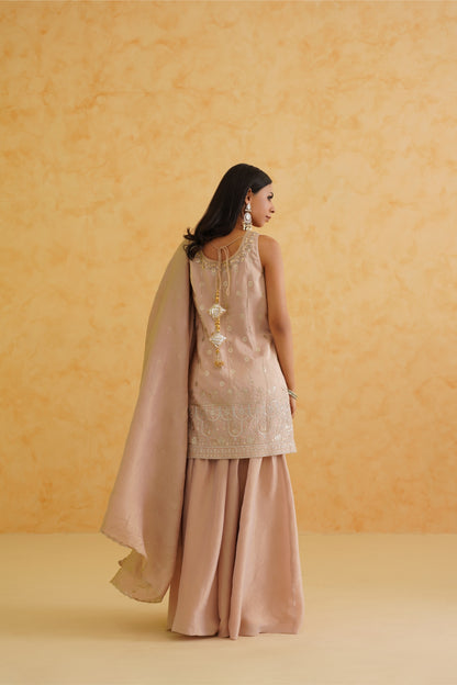 Blush pink georgette tissue sharara, Kurti and dupatta Set