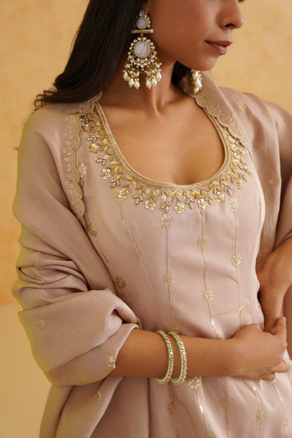 Blush pink georgette tissue sharara, Kurti and dupatta Set