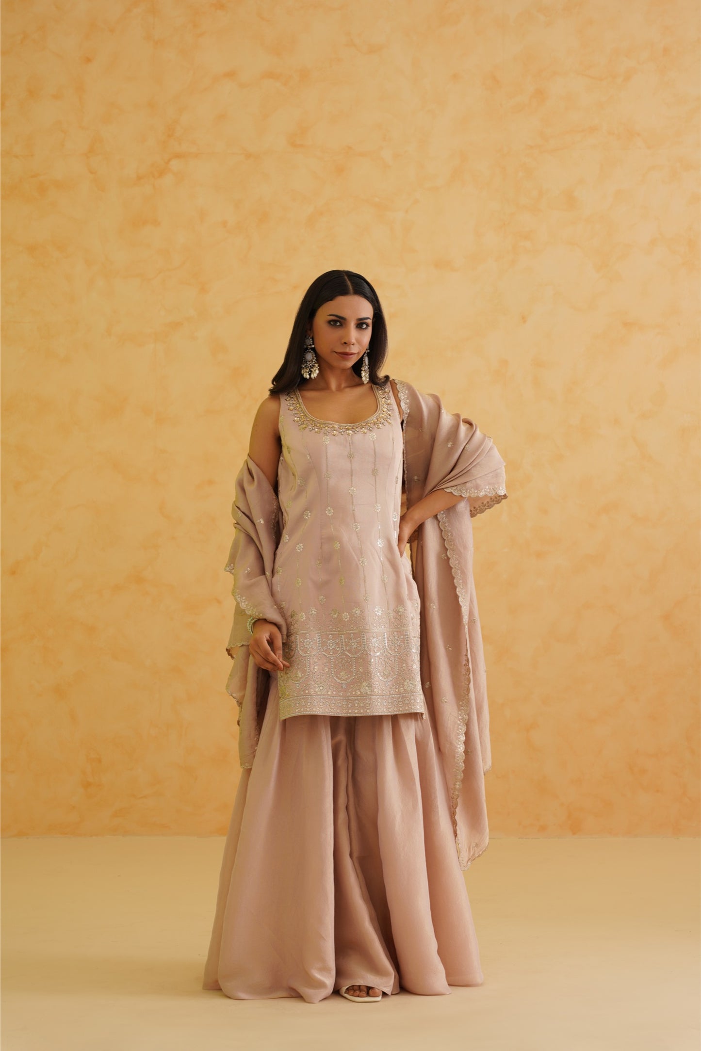 Blush pink georgette tissue sharara, Kurti and dupatta Set