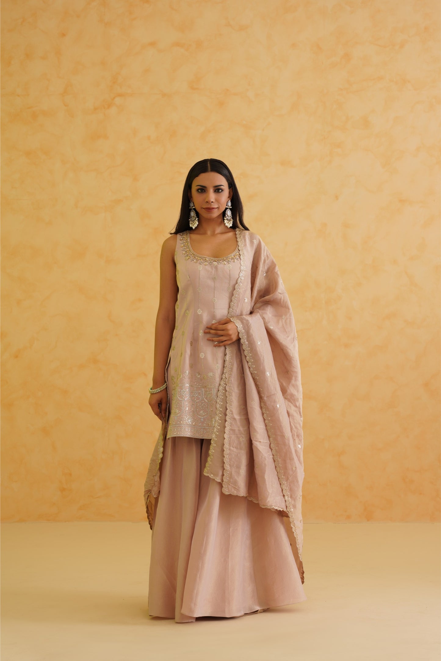 Blush pink georgette tissue sharara, Kurti and dupatta Set