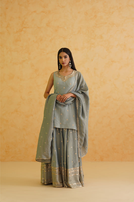 Grey georgette tissue sharara, Kurti and dupatta Set