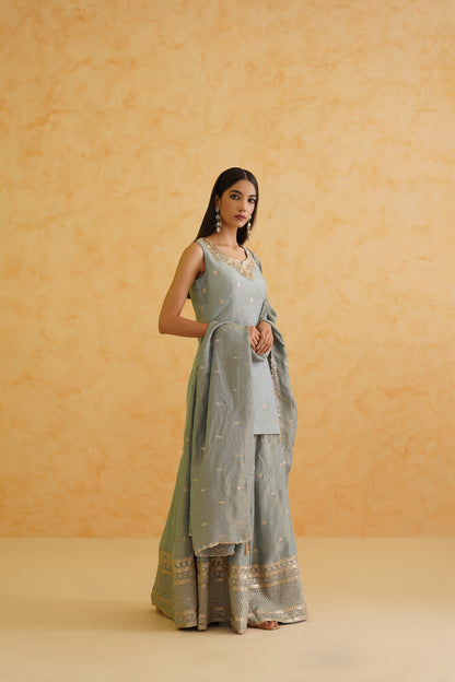 Grey georgette tissue sharara, Kurti and dupatta Set