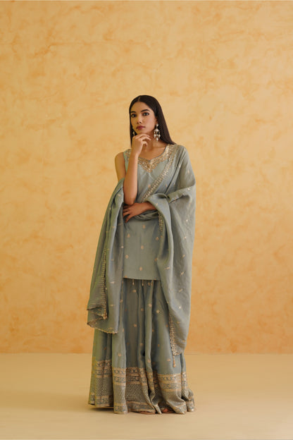 Grey georgette tissue sharara, Kurti and dupatta Set