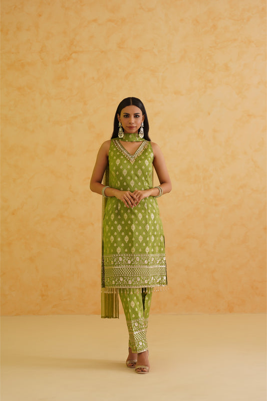 Green Brocade Kurti pant Set