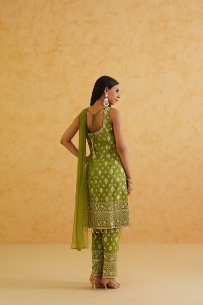 Green Brocade Kurti pant Set