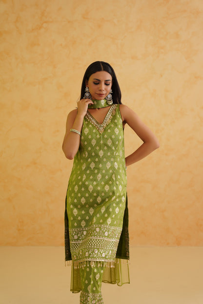 Green Brocade Kurti pant Set