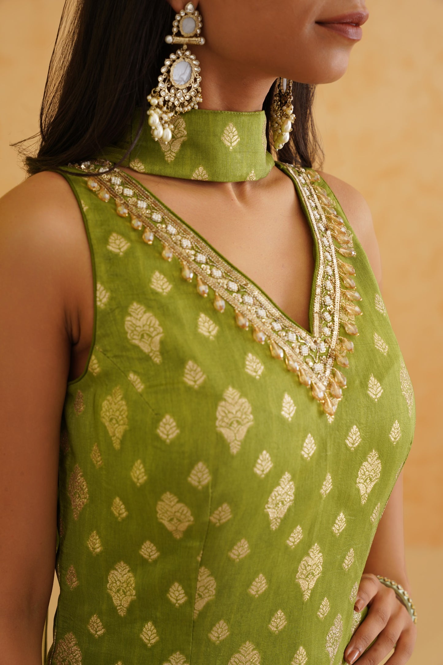 Green Brocade Kurti pant Set