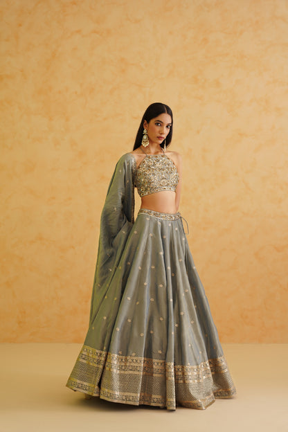 Grey georgette tissue lehenga, blouse and dupatta Set