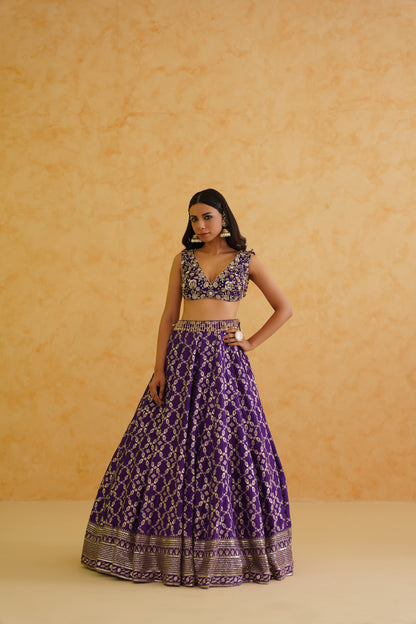 Purple brocade lehenga, blouse and dupatta Set